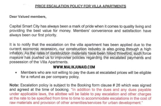 Price Escalation for 3.5 Marla Villas in Harmony Park Overseas East, Sector M – Capital Smart City  ولاز کی قیمتوں میں اضافہ