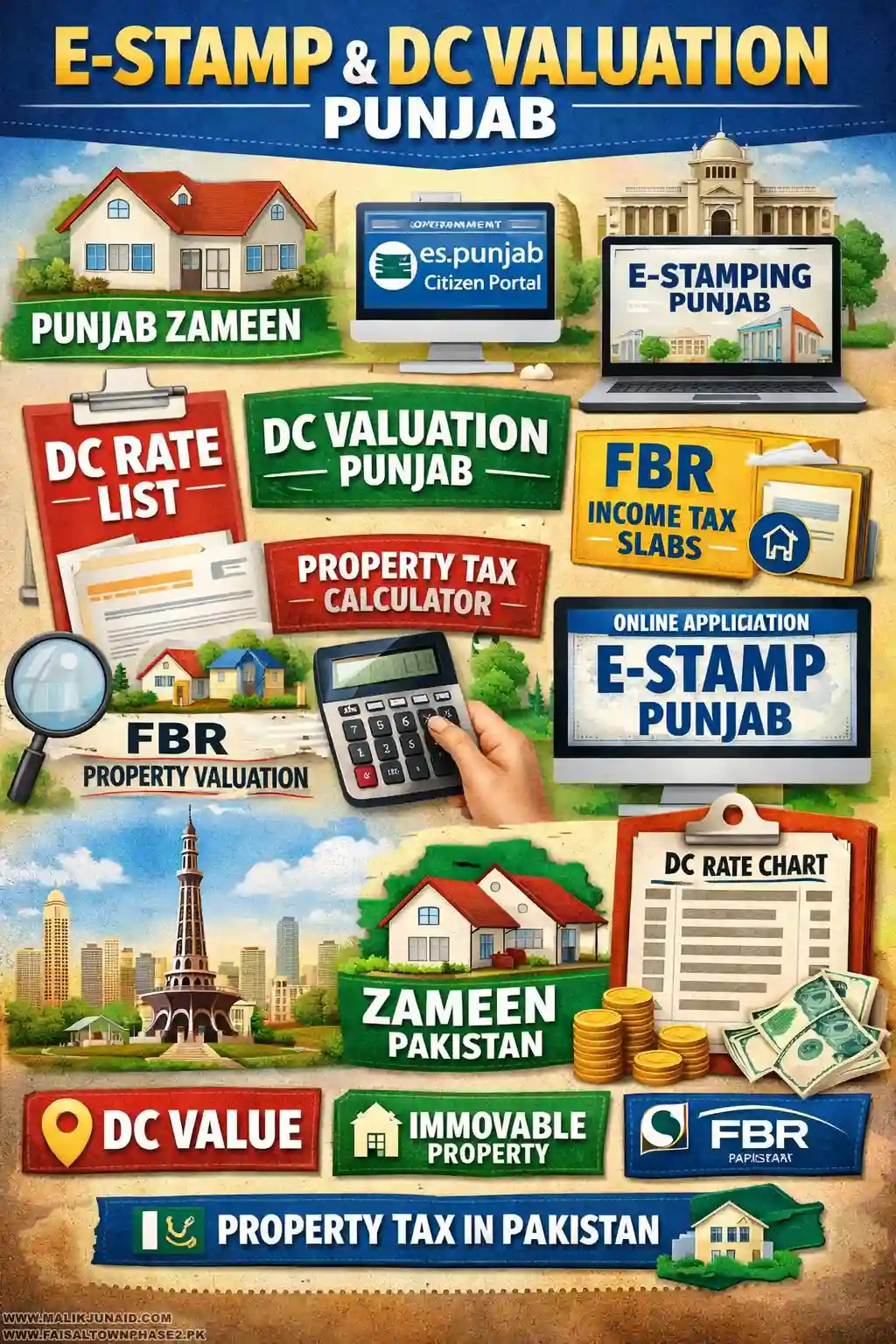 A complete guide to e stamp property DC valuation in Punjab covering dc rate punjab, dc valuation punjab, e stamp punjab dc valuation online, property tax punjab, registration charges, transfer fee, and FBR valuation for immovable property.