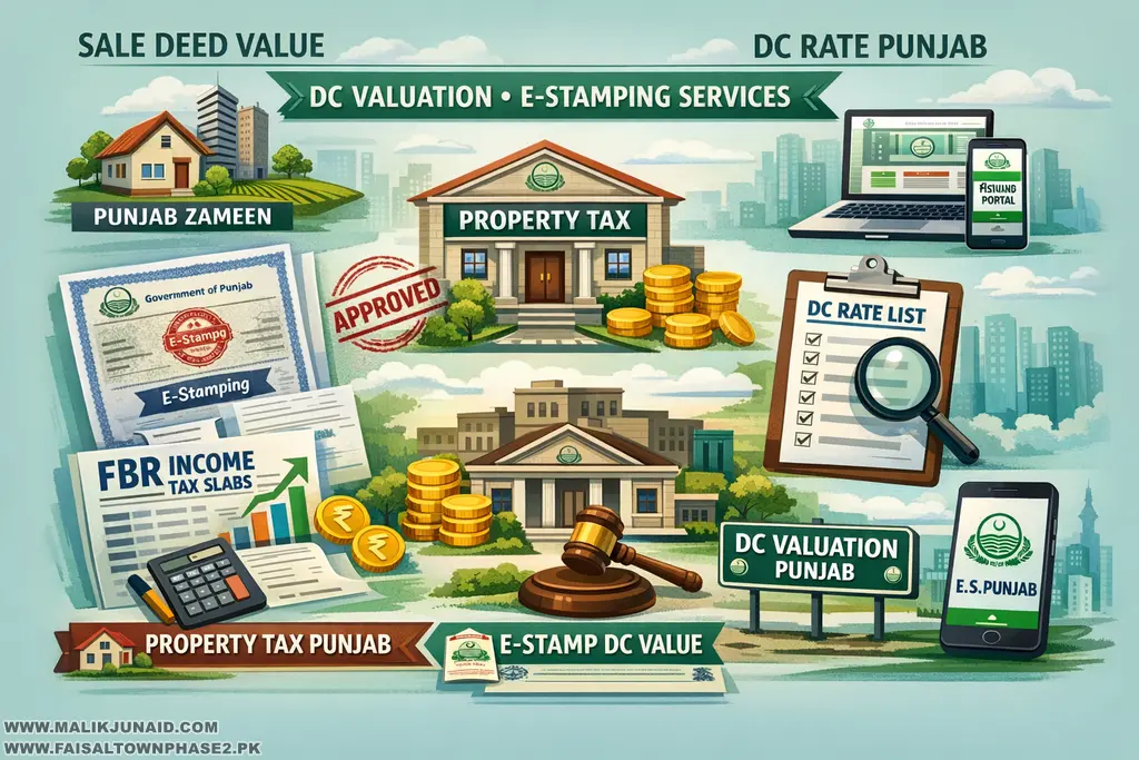 Learn how sale deed value works in Pakistan with DC rate Punjab, DC valuation Punjab, e-Stamping Punjab, FBR property valuation, property tax, registry charges, and transfer fee explained.