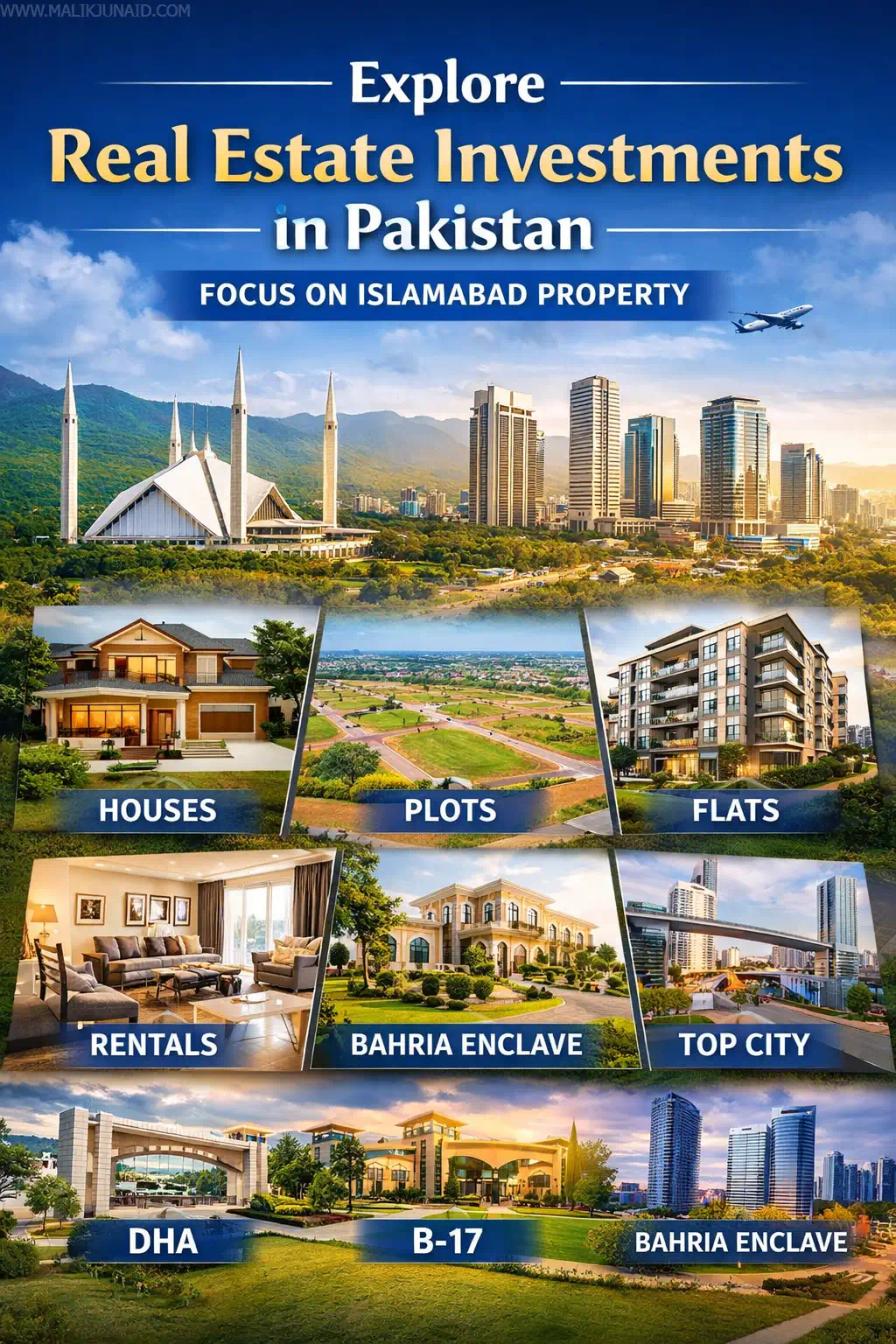 Discover the best real estate investments in Pakistan with a focus on Islamabad. Explore houses, flats, plots, rental opportunities, and top areas like DHA, B17, Park View City, Bahria Enclave, and Top City.