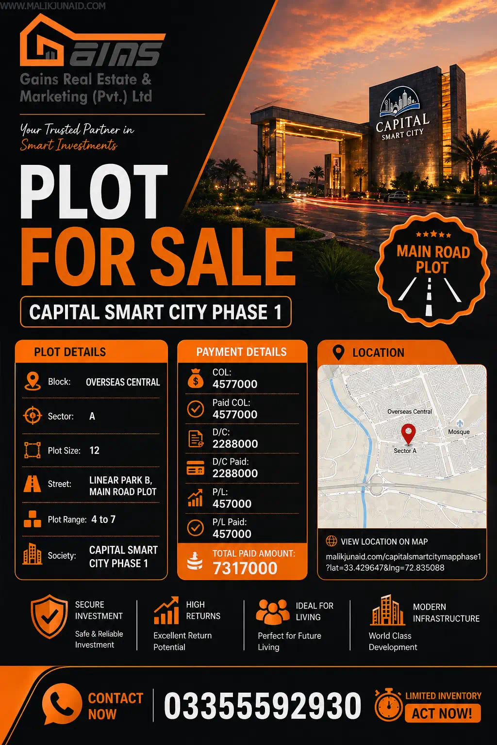 Buy a 12 Marla plot in Capital Smart City Phase 1 Overseas Central Sector A. Location, map, investment value, and buyer guide.