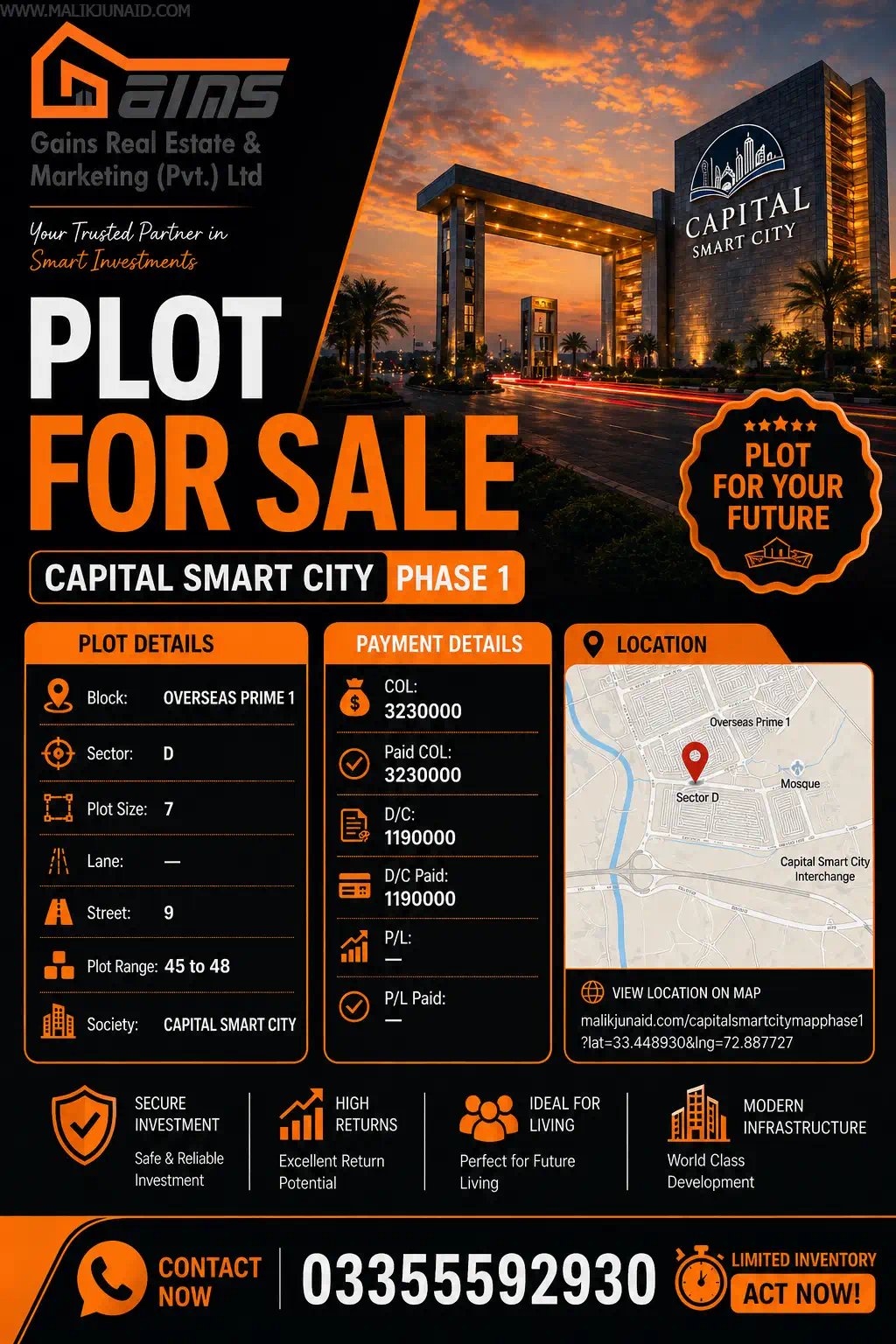 Capital Smart City Phase 1 Overseas Prime 1 Sector D 7 Marla Plot for Sale