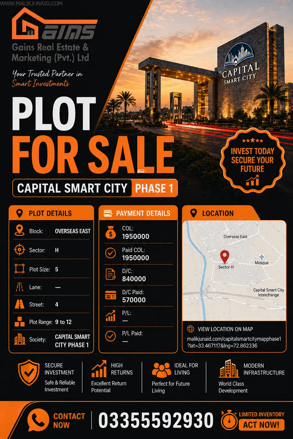Capital Smart City Phase 1 Overseas East Sector H — 5 Marla Plot for Sale