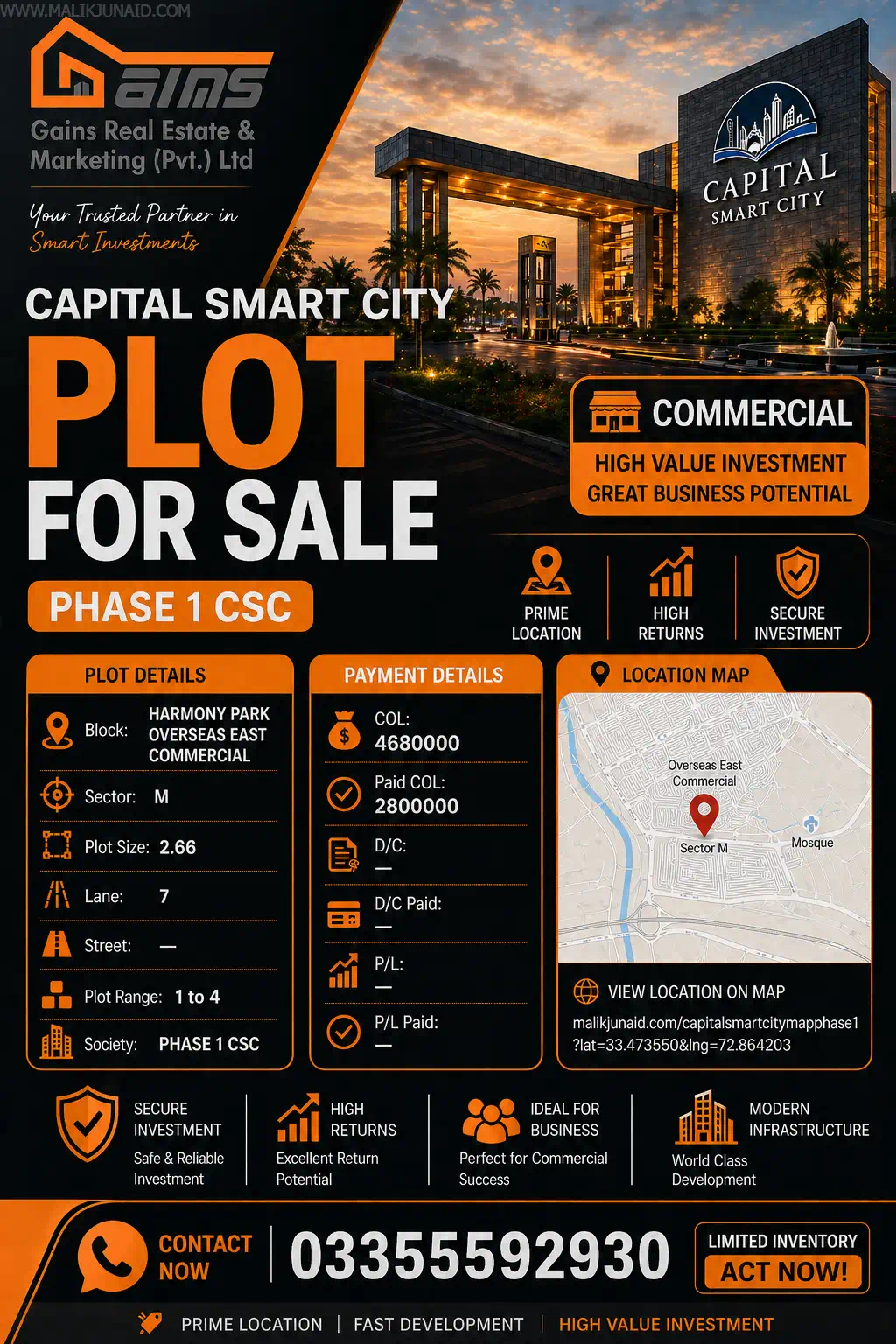 capital smart city phase 1 harmony park overseas east sector m, 2.66 marla commercial plot for sale