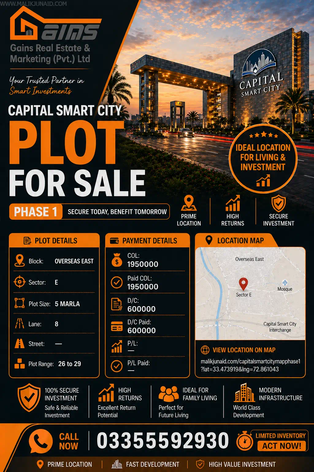 Complete buyer guide for a 5 Marla plot for sale in Capital Smart City Phase 1 Overseas East, including location, map, investment value, and buying tips.
