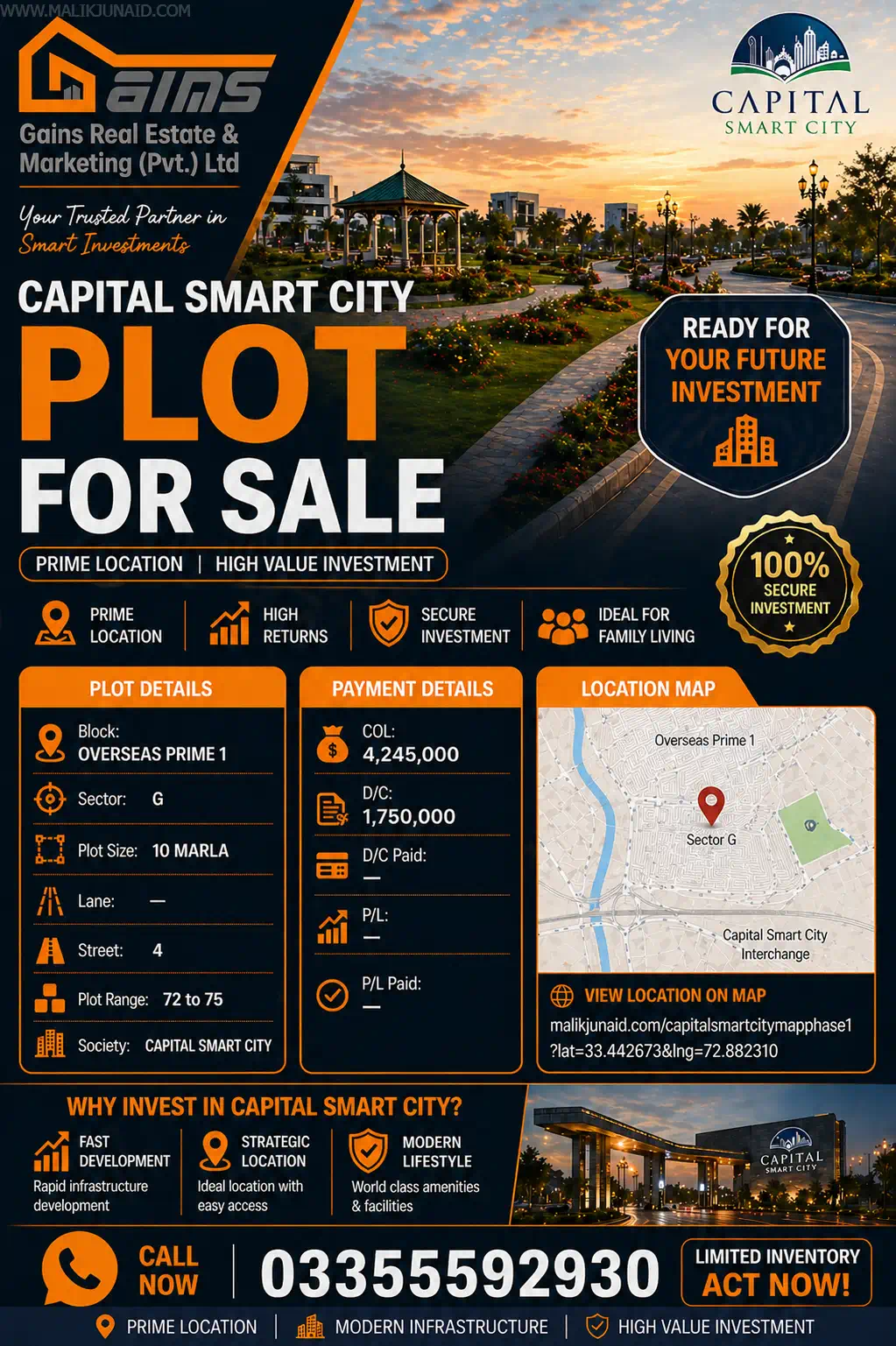 Capital Smart City Phase 1 Overseas Prime 1 — 10 Marla Plot for Sale